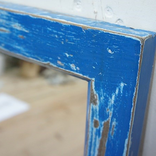オールドチーク材のミラー 60cm×40cm アンティークブルー 青色 壁掛け