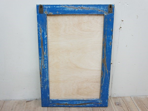 オールドチーク材のミラー 60cm×40cm アンティークブルー 青色 壁掛け鏡 チーク無垢材フレーム  古材フレーム 8枚目の画像