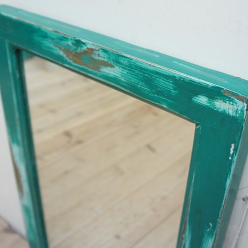 オールドチーク材のミラー 60cm×40cm アンティークグリーン 緑色