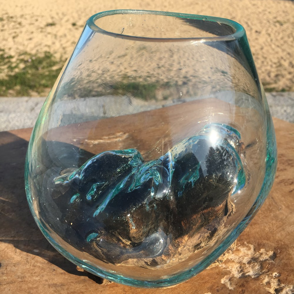 1点物 吹きガラスと天然木のオブジェXSr1 金魚鉢 メダカ 水槽 アクアリウム テラリウム コケリウム 花瓶 6枚目の画像