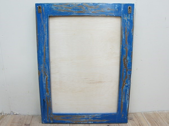 オールドチーク材のミラー 80cm×60cm アンティークブルー 青色 壁掛け鏡 チーク無垢材フレーム 古材 古木 4枚目の画像