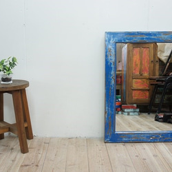 オールドチーク材のミラー 80cm×60cm アンティークブルー 青色 壁掛け鏡 チーク無垢材フレーム 古材 古木 5枚目の画像