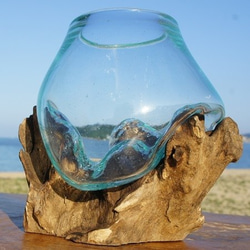 吹きガラスと天然木のオブジェMN 金魚鉢 メダカ 水槽 アクアリウム テラリウム コケリウム 花瓶 流木ガラス ブルー 7枚目の画像