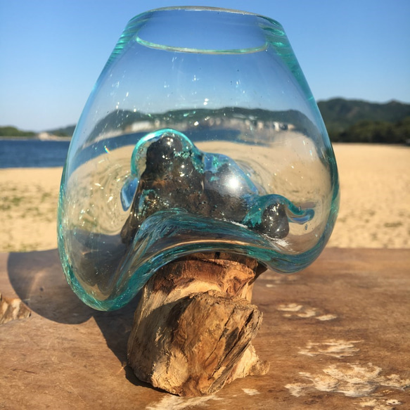 吹きガラスと天然木のオブジェMN 金魚鉢 メダカ 水槽 アクアリウム テラリウム コケリウム 花瓶 流木ガラス ブルー 9枚目の画像