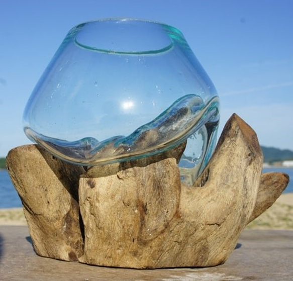 1点物 吹きガラスと天然木のオブジェXSr4 金魚鉢 メダカ 水槽 アクアリウム テラリウム コケリウム 花瓶 2枚目の画像