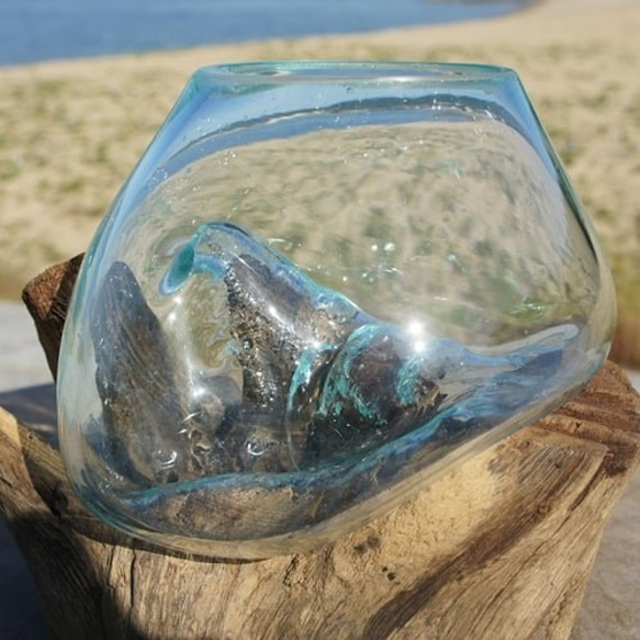 1点物 吹きガラスと天然木のオブジェXSr4 金魚鉢 メダカ 水槽 アクアリウム テラリウム コケリウム 花瓶 6枚目の画像