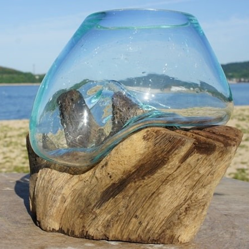 1点物 吹きガラスと天然木のオブジェXSr4 金魚鉢 メダカ 水槽