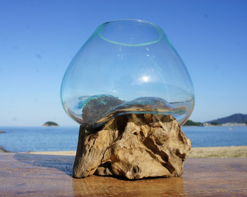 1点物 吹きガラスと天然木のオブジェXSr6 金魚鉢 メダカ 水槽