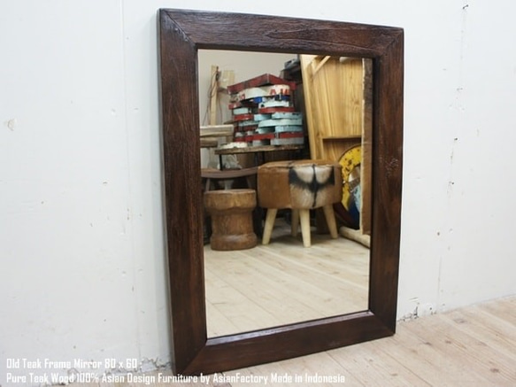 古材 古木 オールドチーク材のミラー 80cm×60cm 壁掛け鏡 チーク無垢材フレーム 1枚目の画像