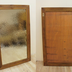 オールドチーク材のミラー 60cm×40cm アンティークグリーン 緑色