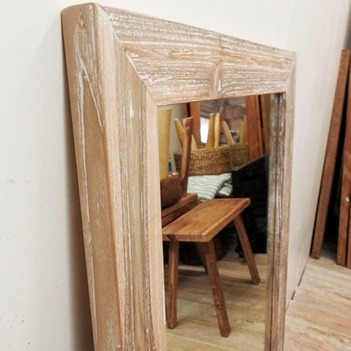 チーク材のミラー 100cm×60cm ホワイトウォッシュ 壁掛け鏡 チーク無垢