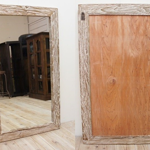 チーク材のミラー 100cm×60cm ホワイトウォッシュ 壁掛け鏡 チーク無垢