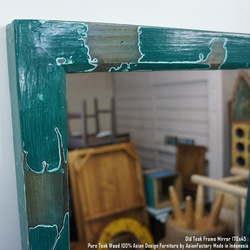 オールドチーク材のミラー 170cm×45cm 姿見鏡 アンティークグリーン 緑色 古材フレーム 無垢材 古木 8枚目の画像
