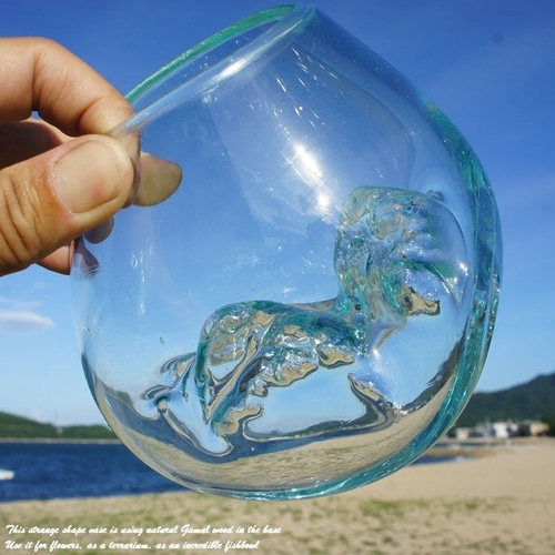 吹きガラスと天然木のオブジェXS 金魚鉢 メダカ 水槽