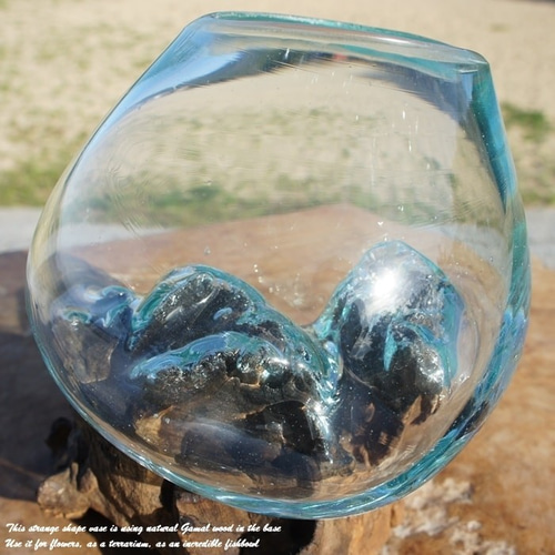 ①大甕　甕　カメ、水甕　水瓶　インテリア　オブジェ　ガーデニング　金魚　メダカ 吹きガラスと天然木のオブジェXS 金魚鉢 メダカ 水槽