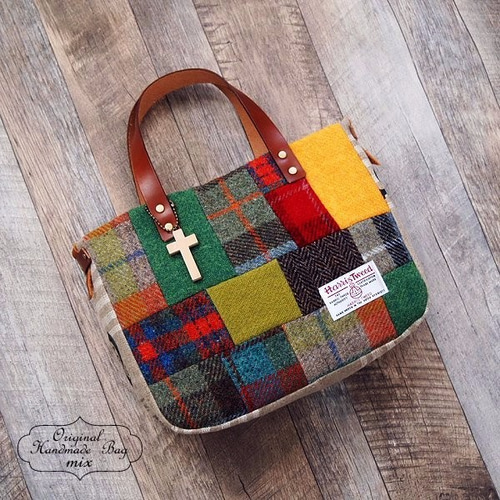 ハリスツイード パッチワーク×レッドチェック 冬のあったかトート