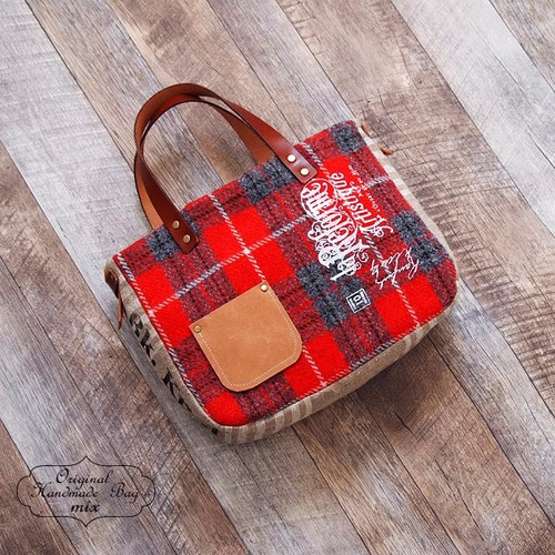 ハリスツイード パッチワーク×レッドチェック 冬のあったかトート