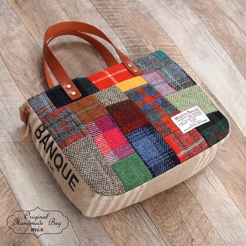 ハリスツイード パッチワーク×レッドチェック 冬のあったかトート