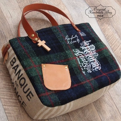 再販 ハリスツイード パッチワーク×ネイビーチェック 冬のあったか