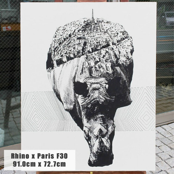 Rhino x Paris 手描き キャンバス モノクロアート F30号 (909mm×727mm) 1枚目の画像