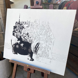 Hippo x Tokyo 手描き キャンバス モノクロアート F30号 (909mm×727mm) 4枚目の画像