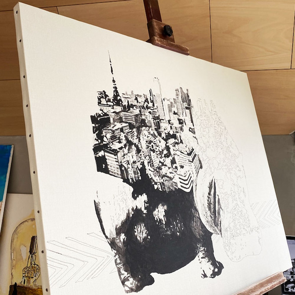 Hippo x Tokyo 手描き キャンバス モノクロアート F30号 (909mm×727mm) 5枚目の画像