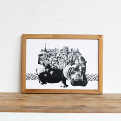 Hippo x Tokyo 「モノクロアート 動物街」A4 モノトーン ポスター + 古材 フレーム セット 3枚目の画像