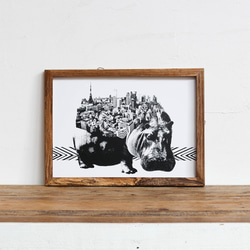 Hippo x Tokyo 「モノクロアート 動物街」A4 モノトーン ポスター + 古材 フレーム セット 4枚目の画像