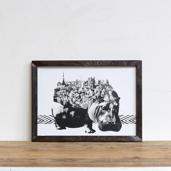 Hippo x Tokyo 「モノクロアート 動物街」A4 モノトーン ポスター + 古材 フレーム セット 5枚目の画像