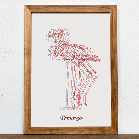Flamingo 「Drawing - アート」A4  ポスター + 古材 フレーム セット商品 1枚目の画像