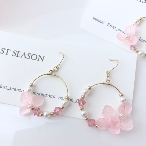 ピンク あじさいとスワロフスキー フープ ピアス☆イヤリング ピアス  