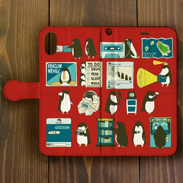 【iPhone11対応】ペンギン・スマートフォン レッド・手帳型  Plus・ XR・ XS Max用【ペンギン】 1枚目の画像