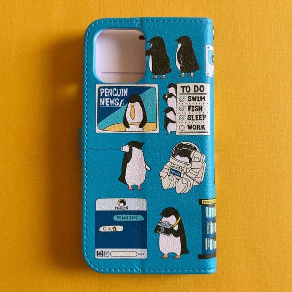 【iPhone11Pro 対応】ペンギン・スマートフォン ブルー手帳型スマホケースiPhone用【各機種あります】 3枚目の画像