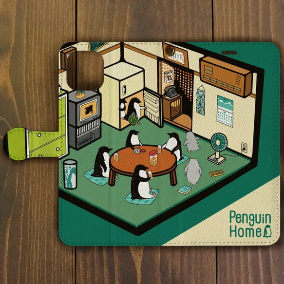 【iPhone SE2対応】ペンギン・ホーム グリーン 手帳型 スマホケース iPhone用 1枚目の画像