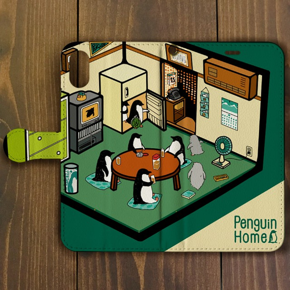 【iPhone SE2対応】ペンギン・ホーム グリーン 手帳型 スマホケース iPhone用 2枚目の画像
