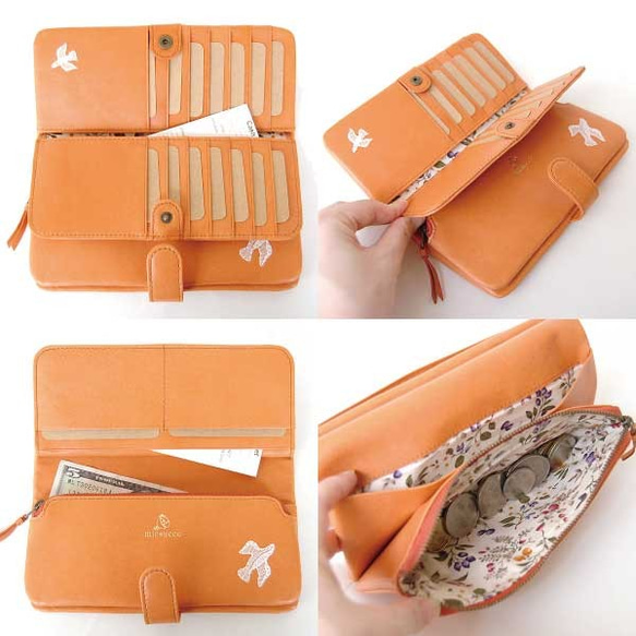 【刻印可】 　手触りふんわり　カード収納長財布　　コトリの森 オレンジ MH0655　 2枚目の画像