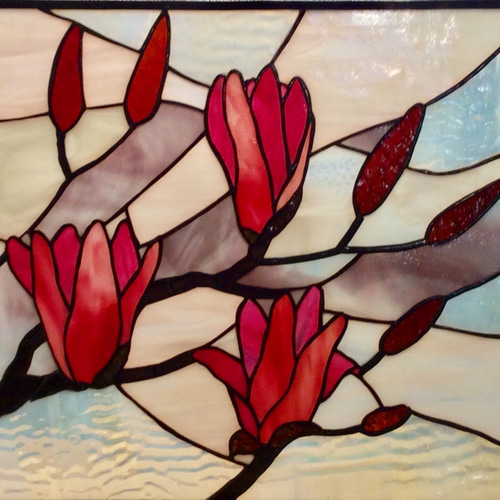 ステンドグラス パネル 制作 ご希望のデザインで 早春の木蓮#1 表札