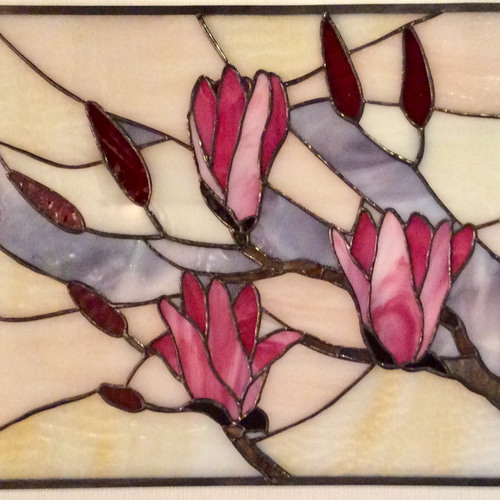 ステンドグラス パネル 制作 ご希望のデザインで 早春の木蓮#1 表札