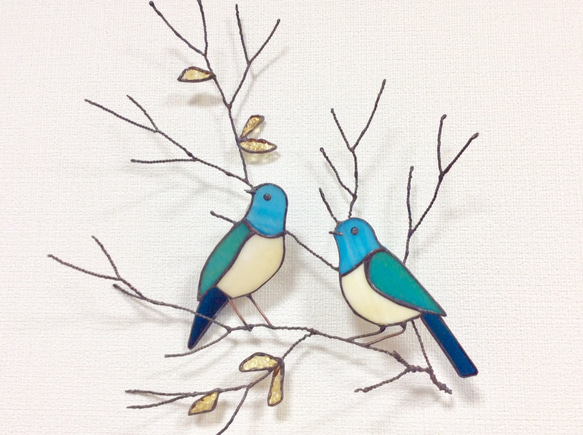 二羽の青い小鳥   秋色♯1(ステンドグラス 受注製作品) 2枚目の画像