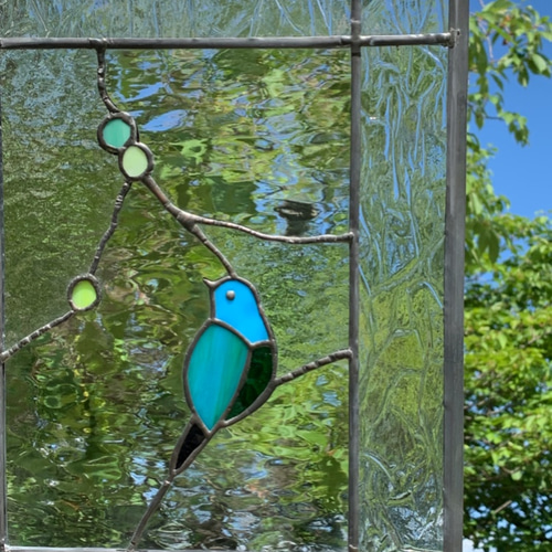 ステンドグラスパネル【青い鳥＆ブルーベリー】 ステンドグラス 青い鳥とぶどうのパネル(スタンド付) その他