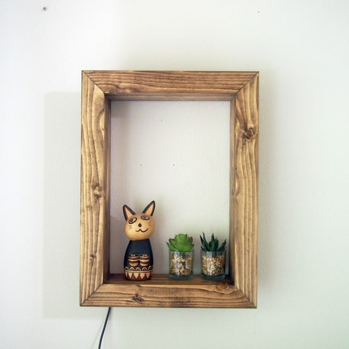 照明＆シェルフ】LED照明付き壁掛け額縁シェルフ 木目を活かした天然