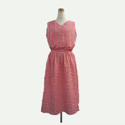 Shirring方格布式無袖連衣裙紅色 第4張的照片