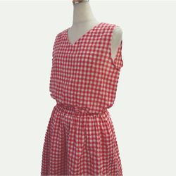 Shirring方格布式無袖連衣裙紅色 第7張的照片
