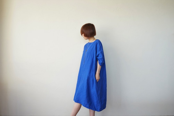 リネンロングトップス（青）ワンピース 2枚目の画像