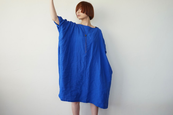 リネンロングトップス（青）ワンピース 3枚目の画像