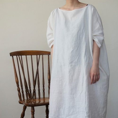 ハンドメイド　リネン　刺し子　ゆったり　ロングワンピース　ホワイト ハンドメイド リネン 刺し子 ゆったり ロングワンピース