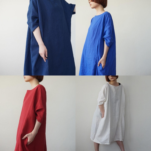 ハンドメイド　リネン　刺し子　ゆったり　ロングワンピース　ホワイト リネンロングトップス（白）ワンピース ワンピース 岡詩子 通販