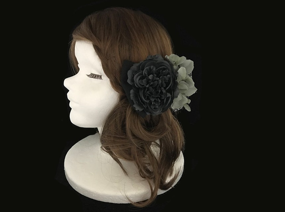 花頭飾頭飾黑牡丹×灰色繡球花婚禮派對稱為禮物 第2張的照片