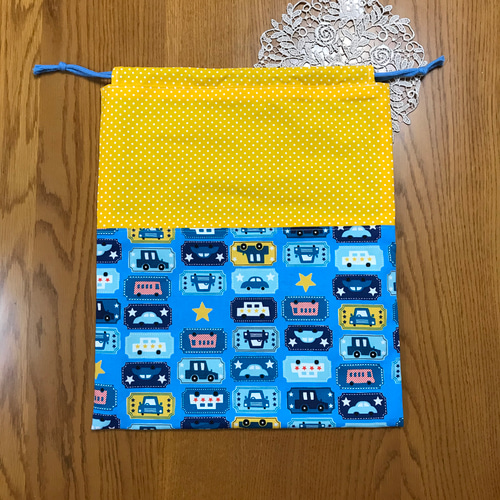ハンドメイド レッスンバッグ 上履き入れ 巾着 のりもの 車 青 男の子