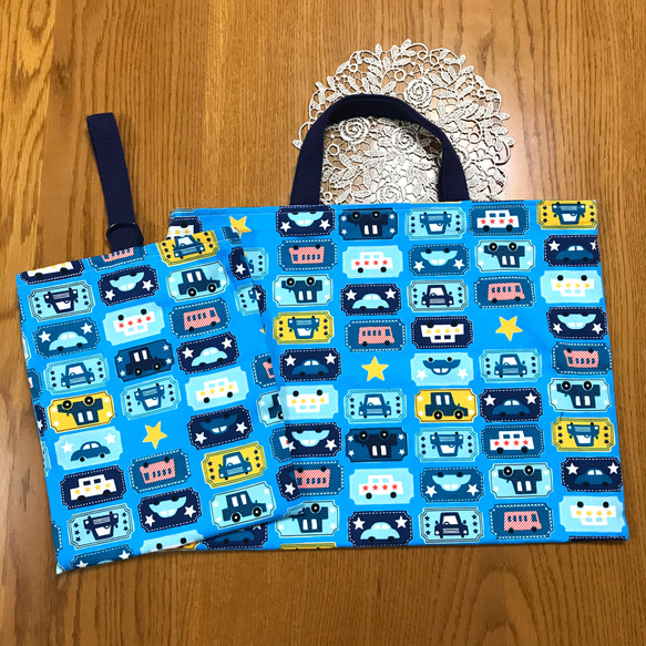 ハンドメイド レッスンバッグ 上履き入れ 車 青 のりもの 巾着 男の子